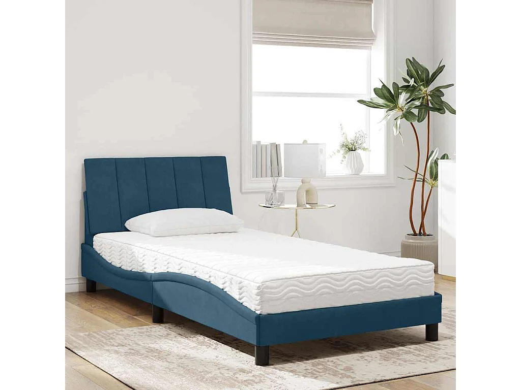 Bed met matras "Hanko" fluweel blauw 100x200 cm