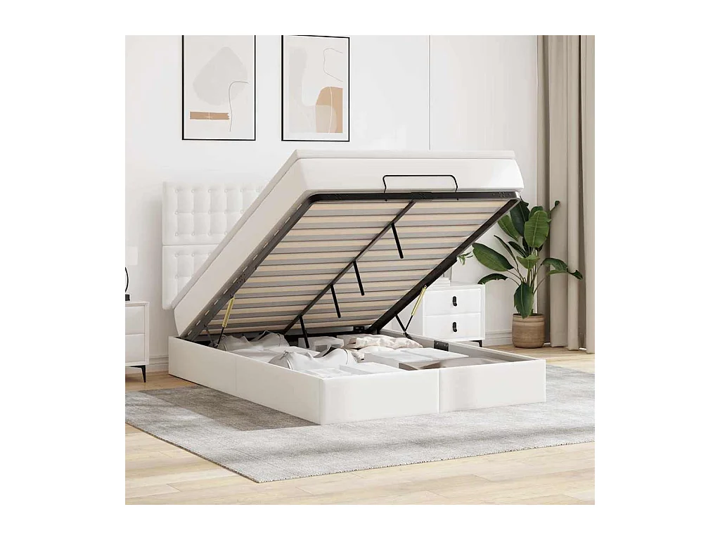 Cadre de lit ottoman avec matelas blanc 140x200 cm similicuir