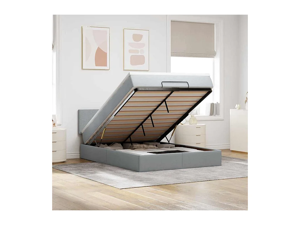 Lit ottoman avec matelas et LED gris clair 140x190 cm tissu