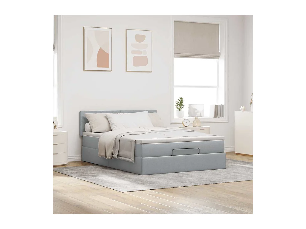 Lit ottoman avec matelas et LED gris clair 140x190 cm tissu