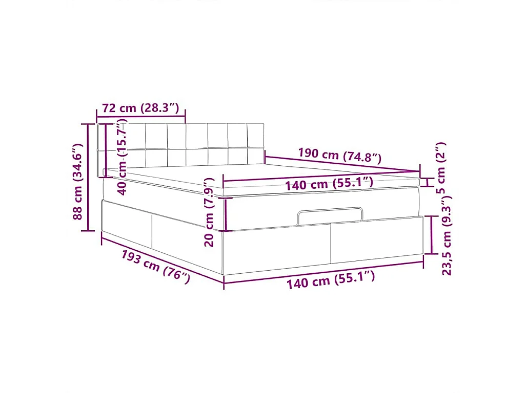 Ottomane Bett mit Matratze & LEDs Hellgrau 140x190 cm Stoff