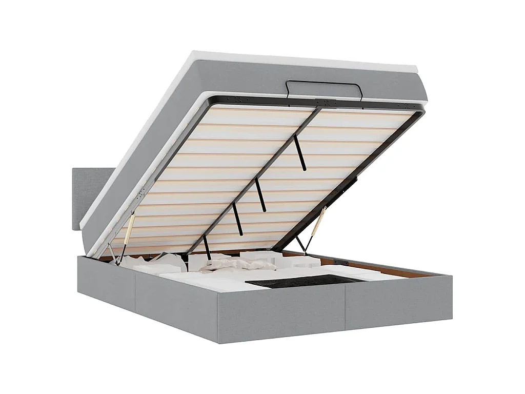 Cama Otomana com Colchão & LEDs Cinzento Claro 140x190cm Tecido