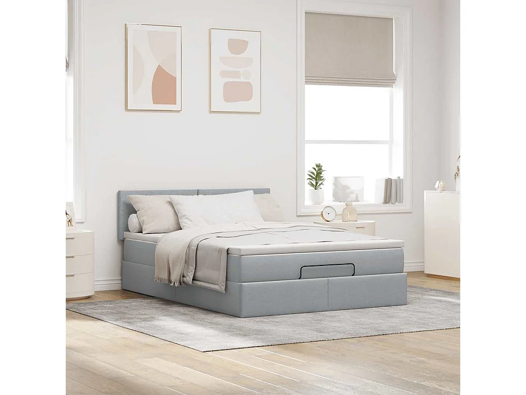 Cama Otomana com Colchão & LEDs Cinzento Claro 140x190cm Tecido