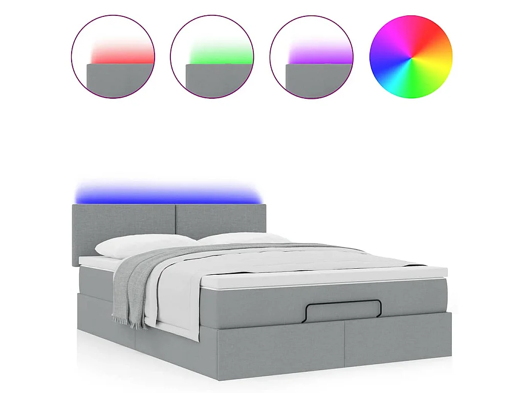 Cama Otomana com Colchão & LEDs Cinzento Claro 140x190cm Tecido