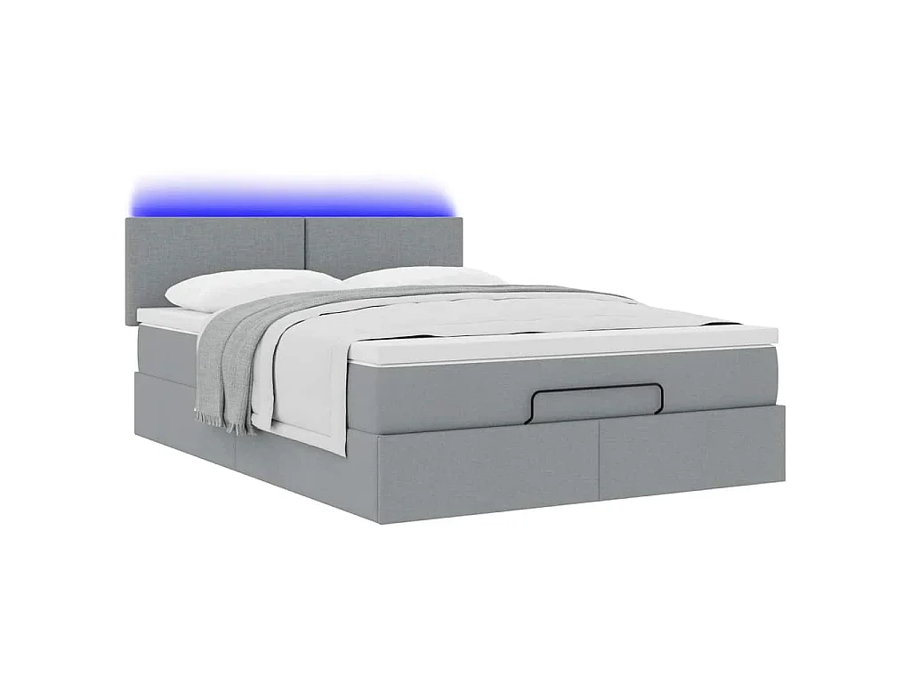 Cama Otomana com Colchão & LEDs Cinzento Claro 140x190cm Tecido