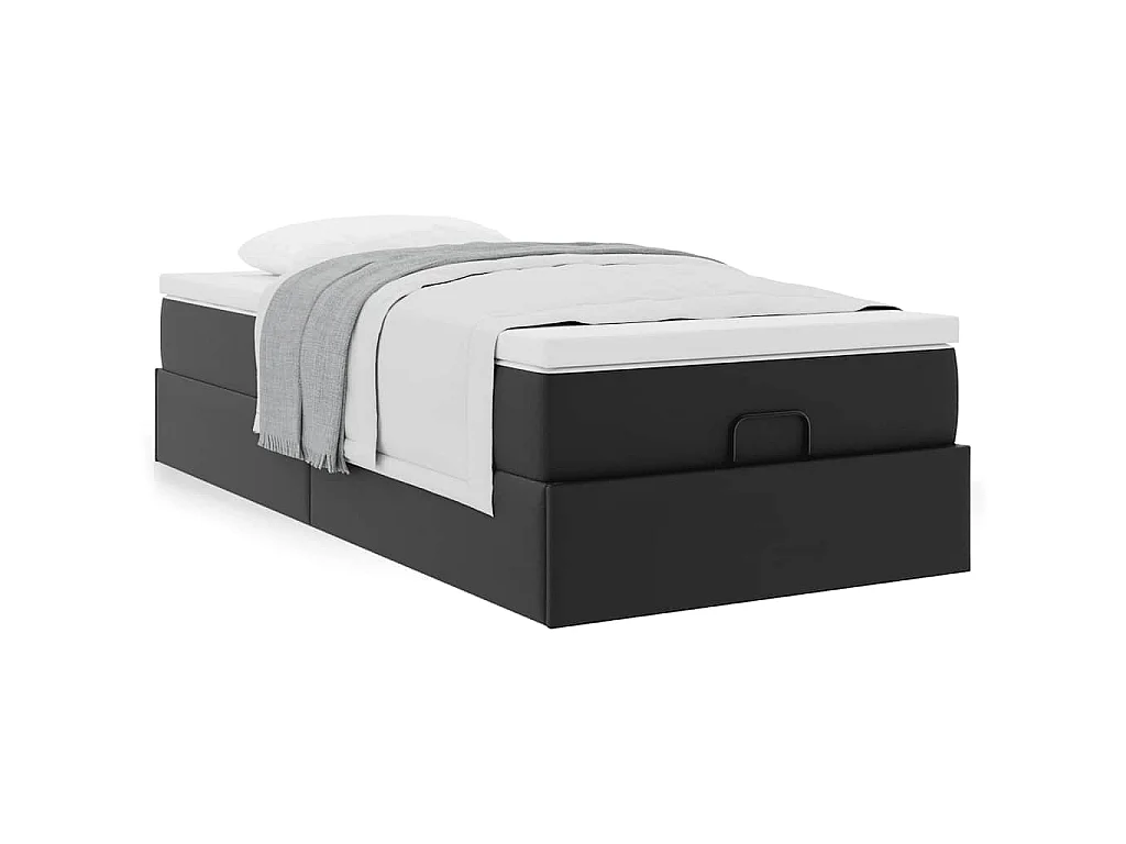 Estrutura de cama otomana com colchão preto couro falso