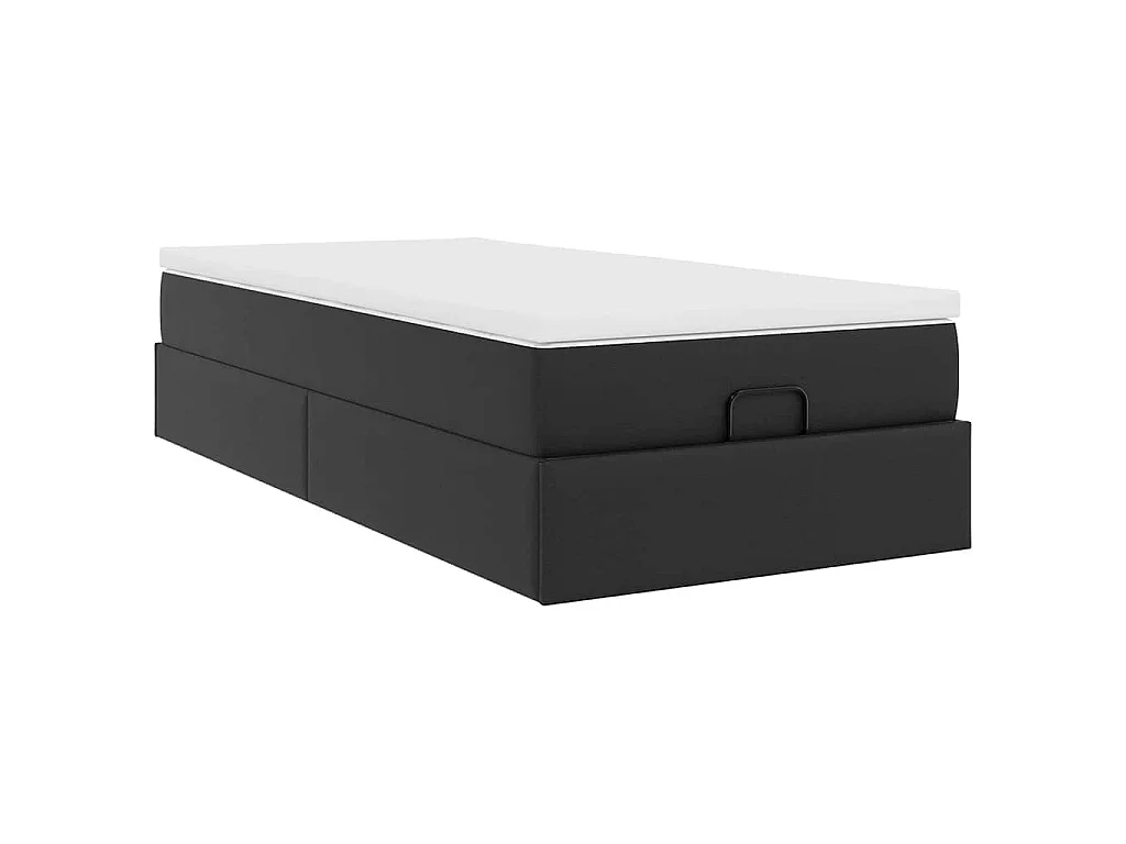Estrutura de cama otomana com colchão preto couro falso