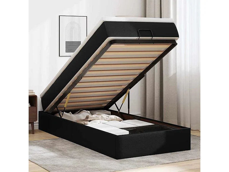 Estructura cama otomana colchón cuero sintético negro 90x200 cm