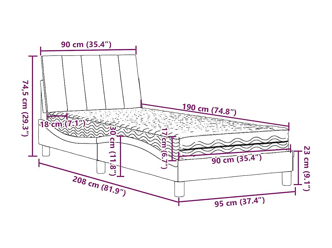 Lit avec matelas Hanko noir 90x190 cm tissu