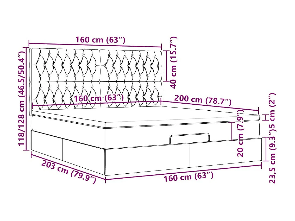 Cadre de lit ottoman avec matelas gris foncé 160x200cm tissu