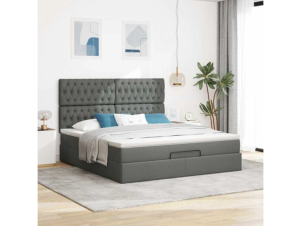Ottoman-Bett mit Matratze & LEDs Dunkelgrau 160x200 cm Stoff