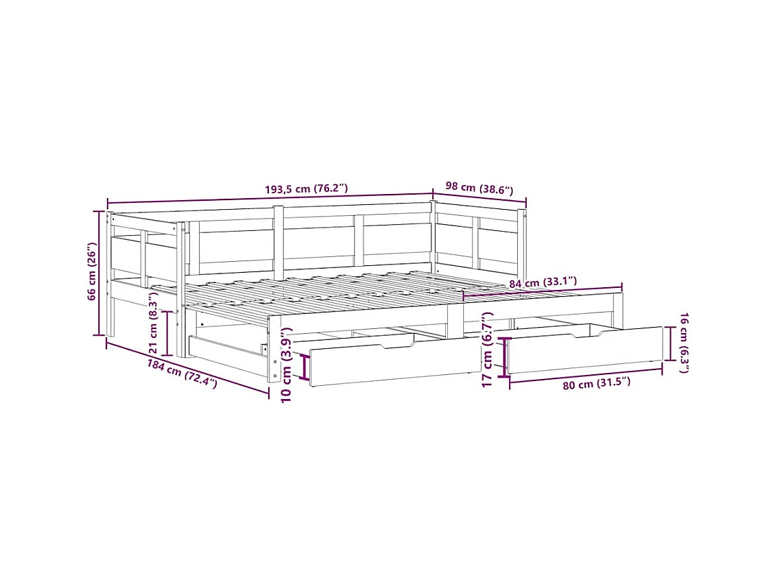 Tagesbett Ausziehbar mit Schubladen ohne Matratze 90x190 cm