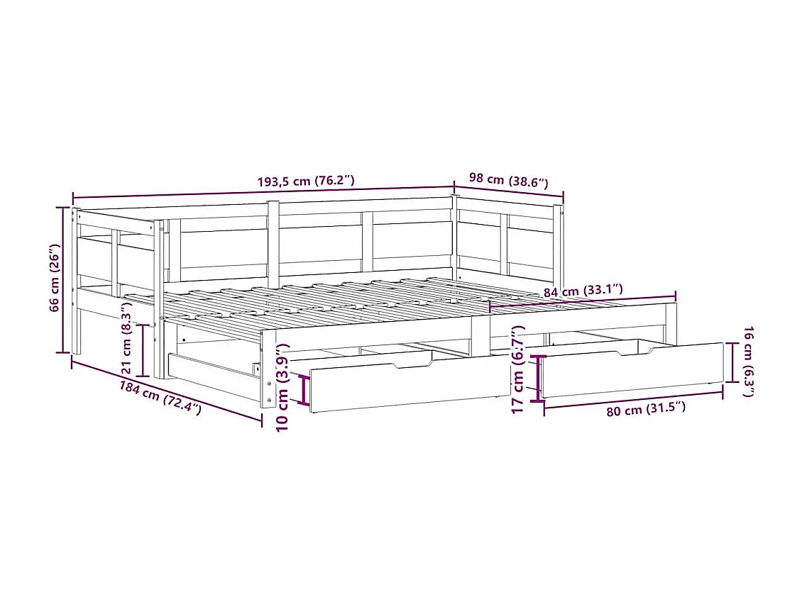 Tagesbett Ausziehbar mit Schubladen ohne Matratze 90x190 cm