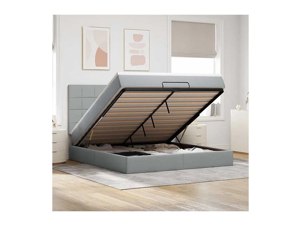 Cadre de lit ottoman et matelas gris clair 180x200 cm tissu