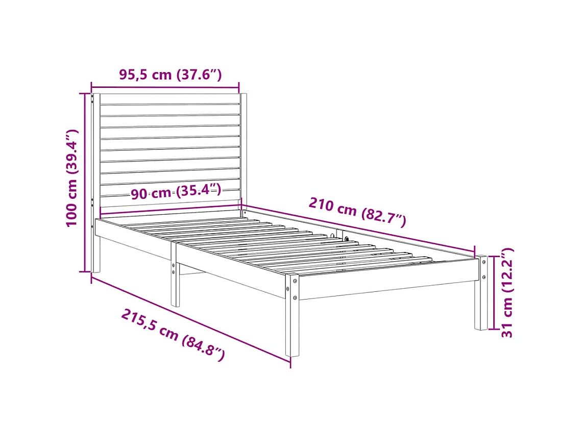Bedframe extra lang zonder matras massief hout 90x210 cm