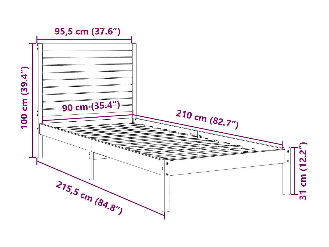 Massivholzbett Extra Lang ohne Matratze 90x210 cm