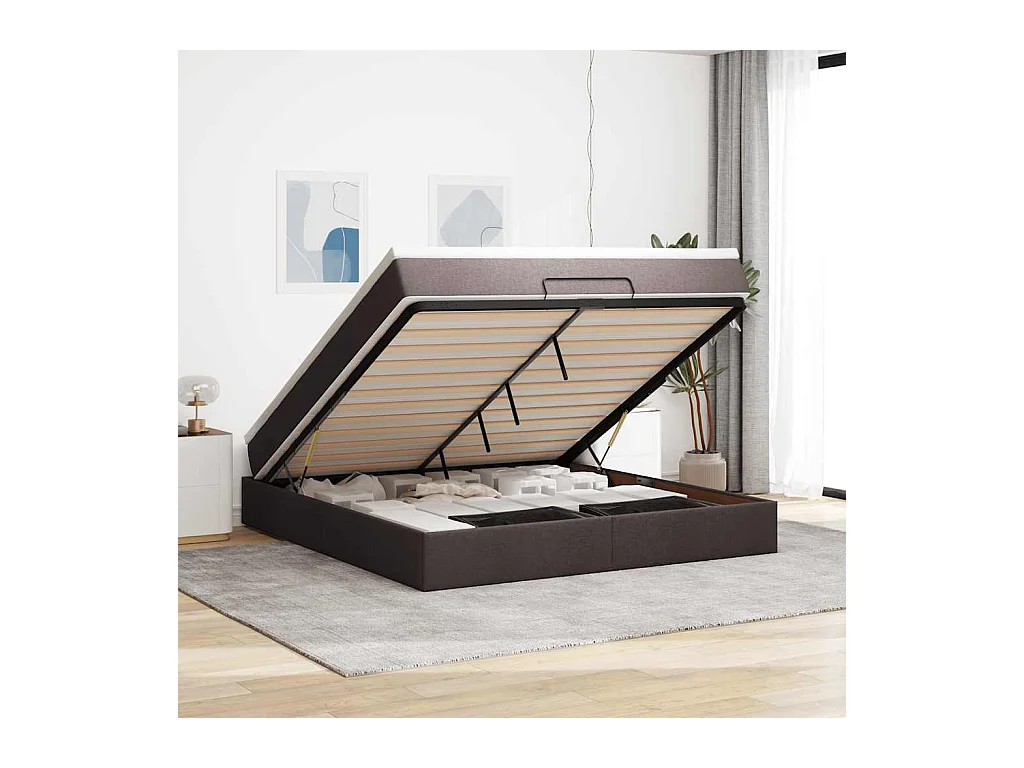 Cadre de lit ottoman avec matelas marron foncé 160x200 cm tissu