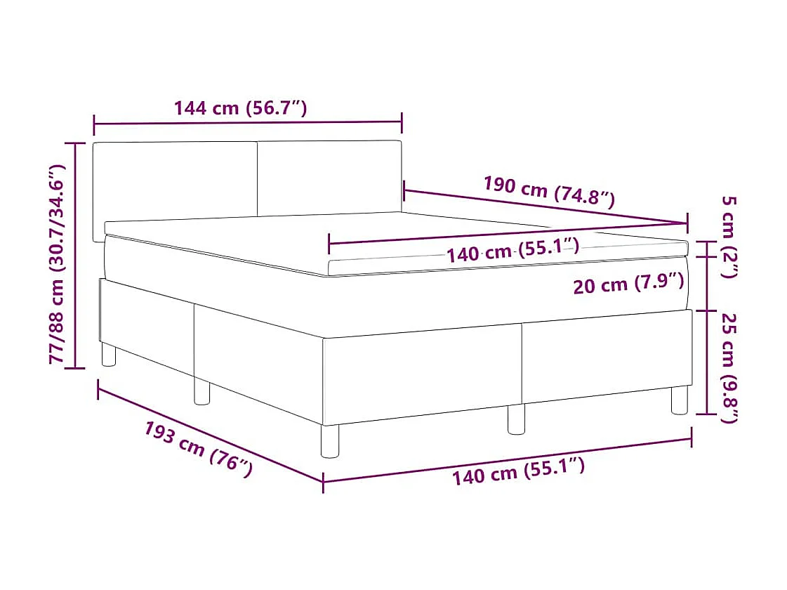 Letto a molle con testiera Grigio Scuro e Bianco 140 x 190 cm