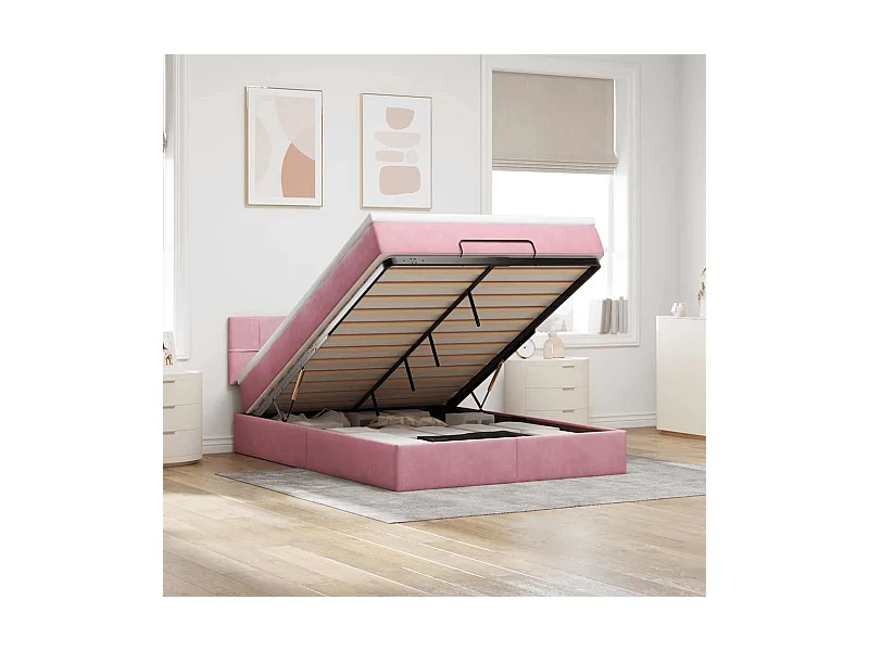 Cadre de lit ottoman avec matelas rose 140x200 cm velours