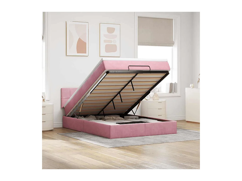 Cadre de lit ottoman avec matelas rose 140x200 cm velours