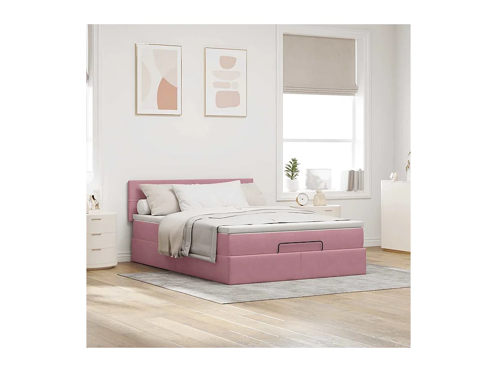 Cadre de lit ottoman avec matelas rose 140x200 cm velours