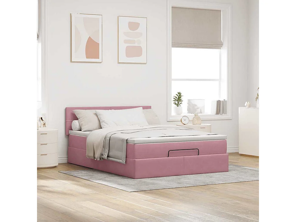 Struttura Letto Pouf con Materasso Rosa 140x200 cm in Velluto
