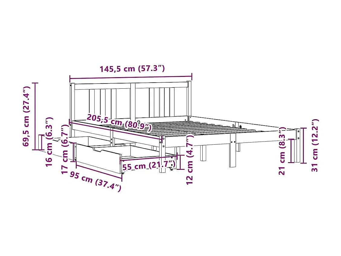 Cama sem colchão 140x200 cm madeira de pinho maciça branco