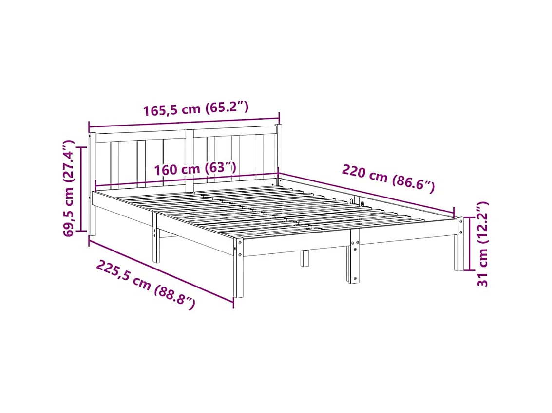 Cadre de lit extra long sans matelas 160x220 cm bois massif pin