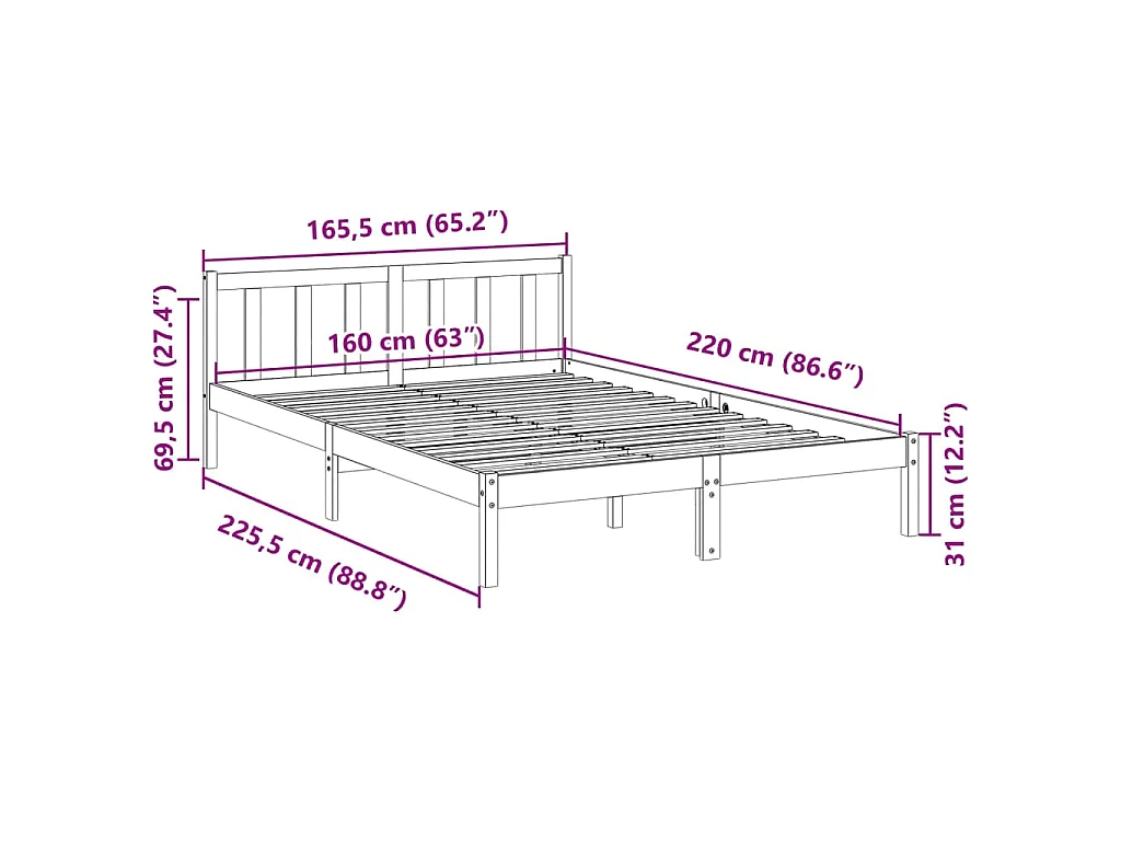 Cadre de lit extra long sans matelas 160x220 cm bois massif pin