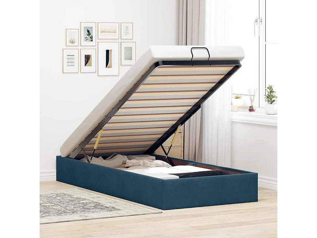 Ottoman Bed Frame No Colchão Azul Escuro 90x200 cm Veludo
