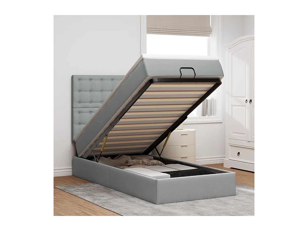 Lit ottoman avec matelas gris clair 90x200 cm tissu