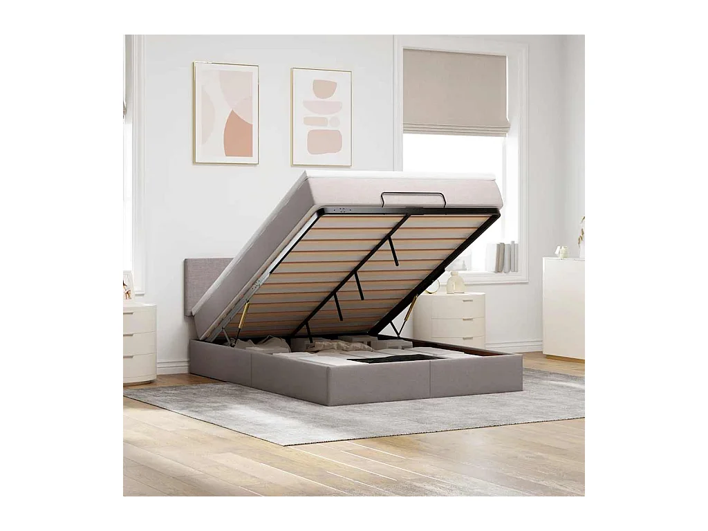 Pouf Letto con Materasso e LED Tortora 140x200 cm in Tessuto