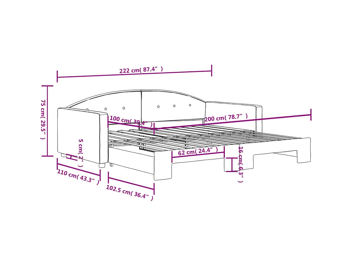 Lit de jour avec gigogne sans matelas gris foncé 100x200 cm