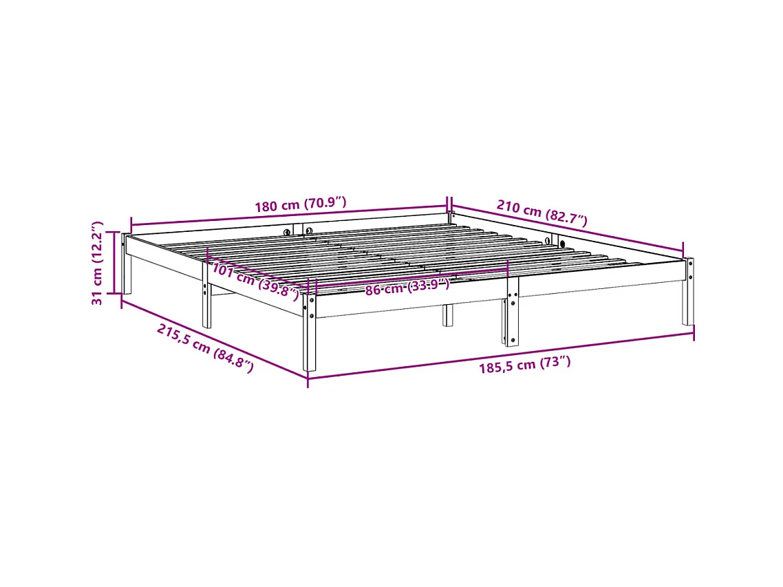 Cadre de lit extra long sans matelas 180x210 cm bois massif pin