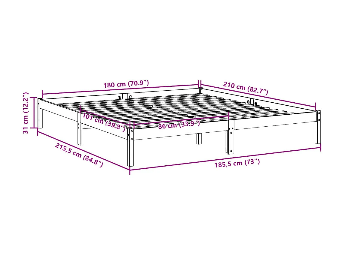 Cadre de lit extra long sans matelas 180x210 cm bois massif pin