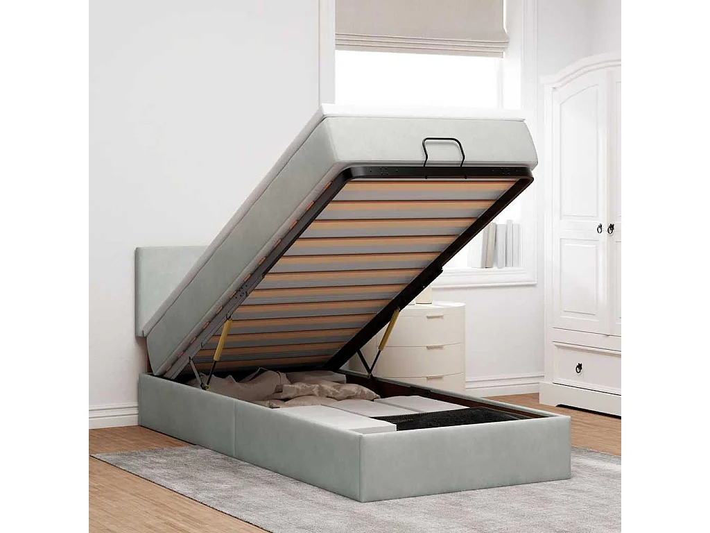 Estrutura cama otomana colchão 90x190 cm veludo cinzento claro