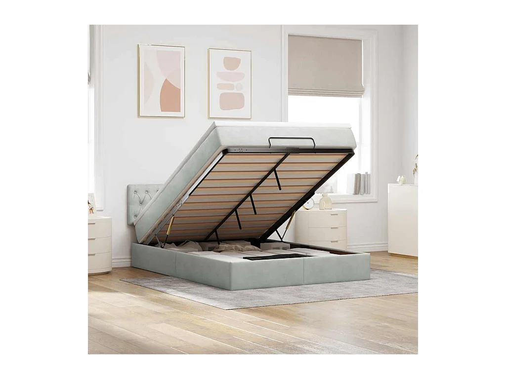 Cadre de lit ottoman et matelas gris clair 140x190 velours