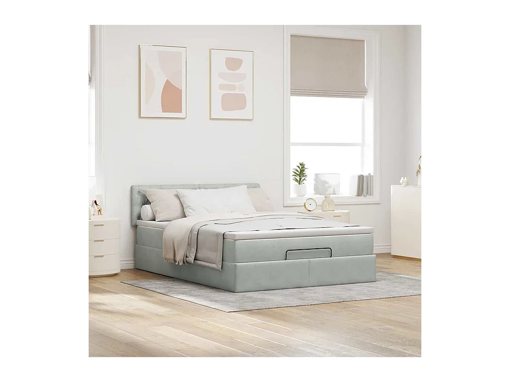 Cadre de lit ottoman et matelas gris clair 140x190 velours