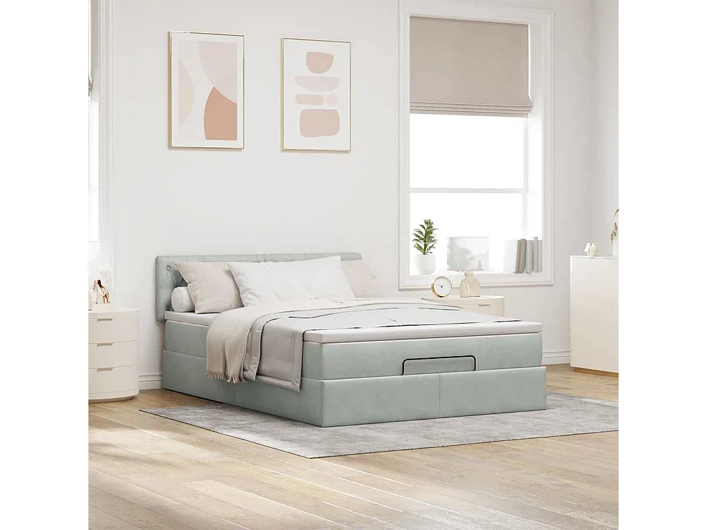 Cadre de lit ottoman et matelas gris clair 140x190 velours