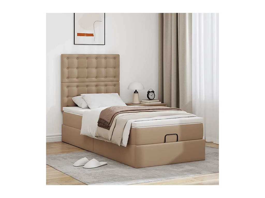 Cadre de lit ottoman et matelas cappuccino 100x200cm similicuir