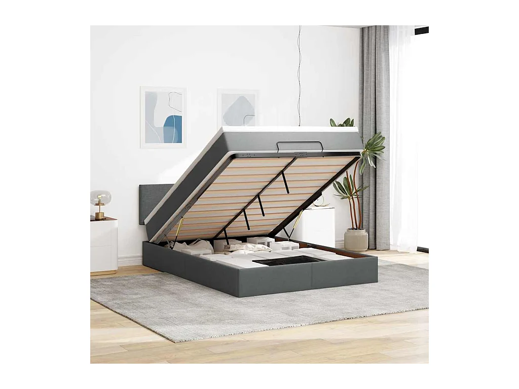 Lit ottoman avec matelas gris foncé 140x190 cm tissu