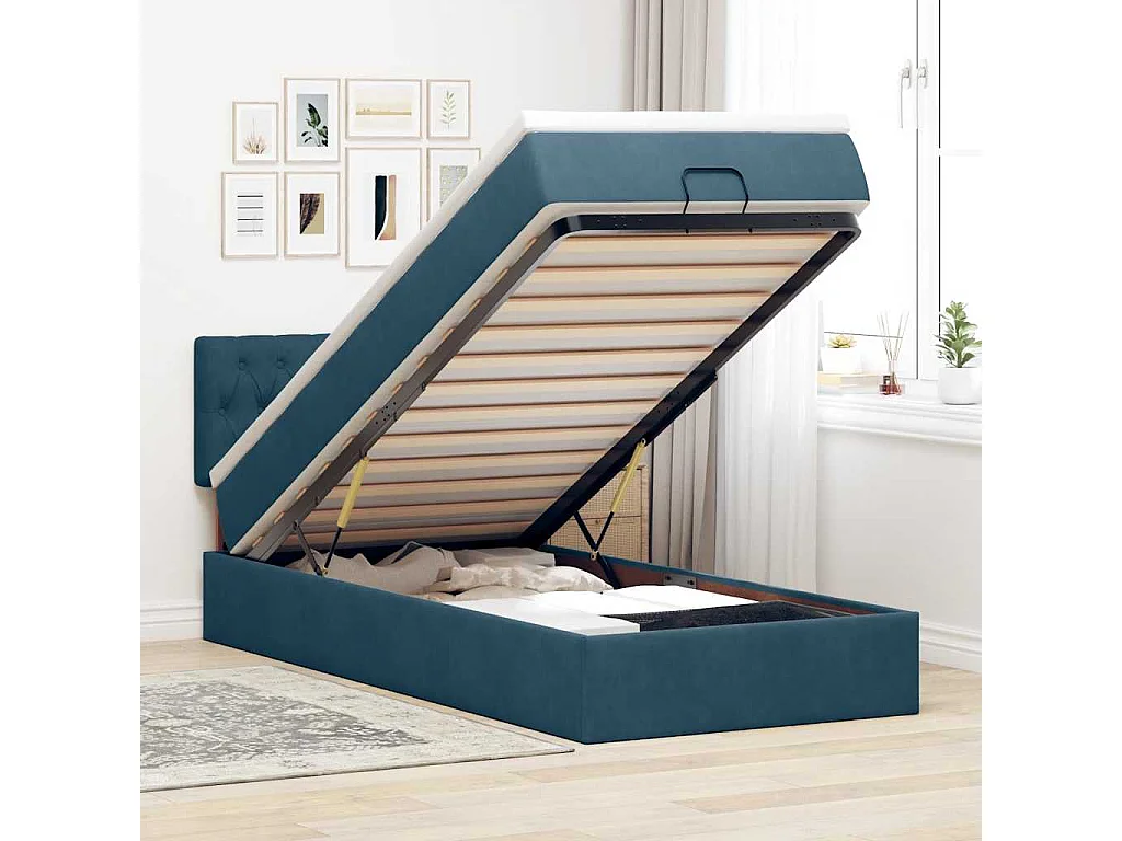 Cadre de lit ottoman avec matelas bleu foncé 90x190 cm velours