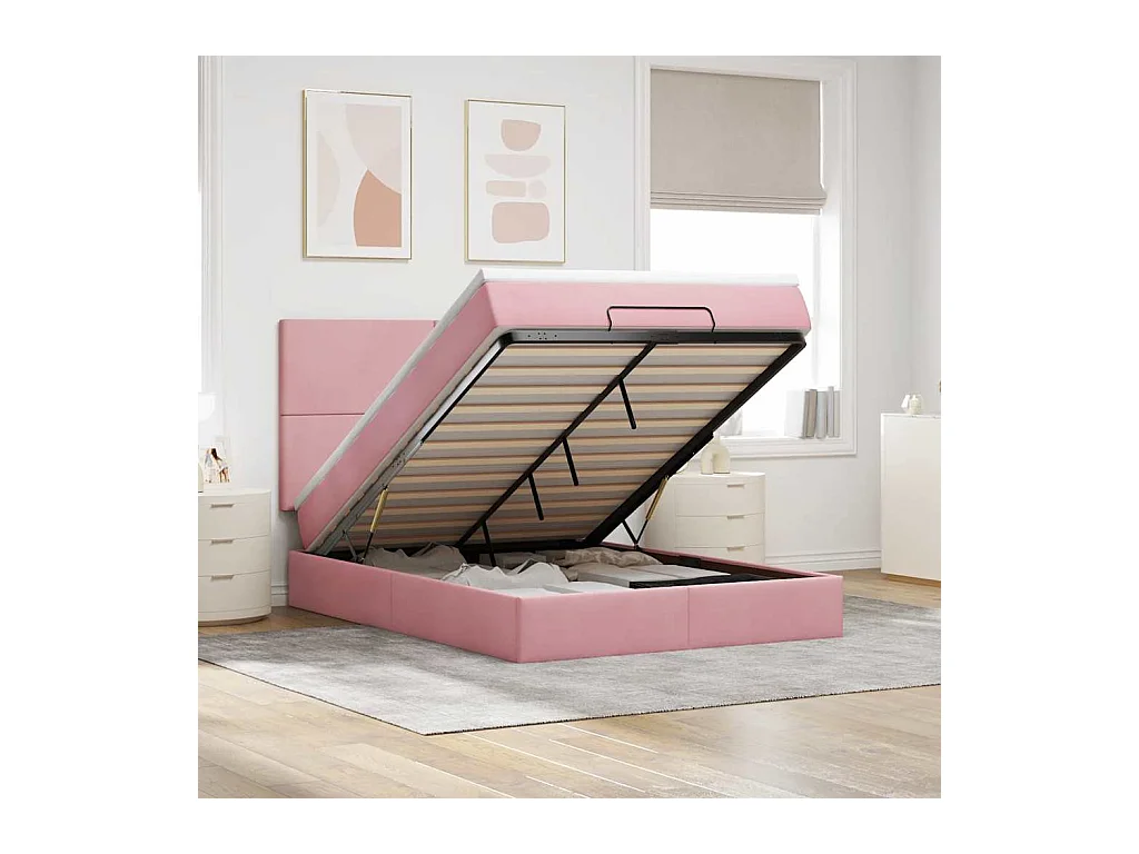 Cadre de lit ottoman avec matelas rose 140x200 cm velours