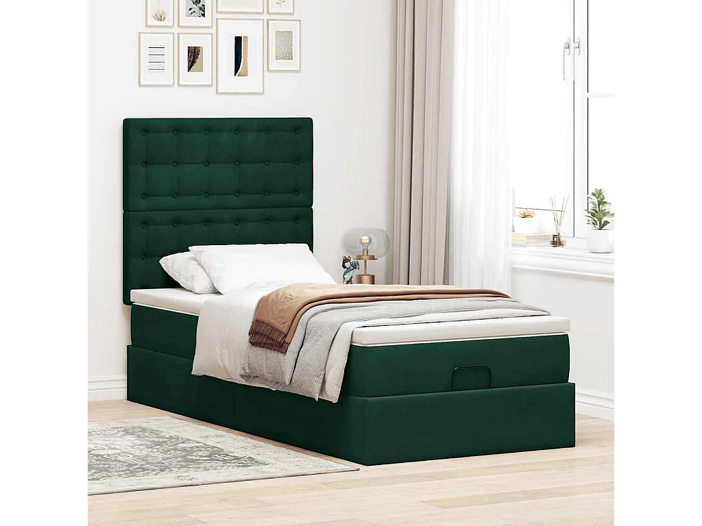 Ottoman-Bett mit Matratzen & LEDs Dunkelgrün 90x200 cm Samt