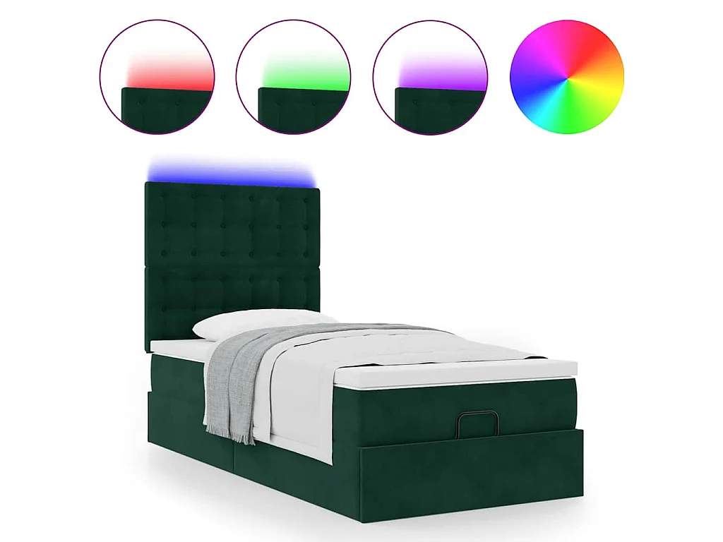 Ottoman-Bett mit Matratzen & LEDs Dunkelgrün 90x200 cm Samt