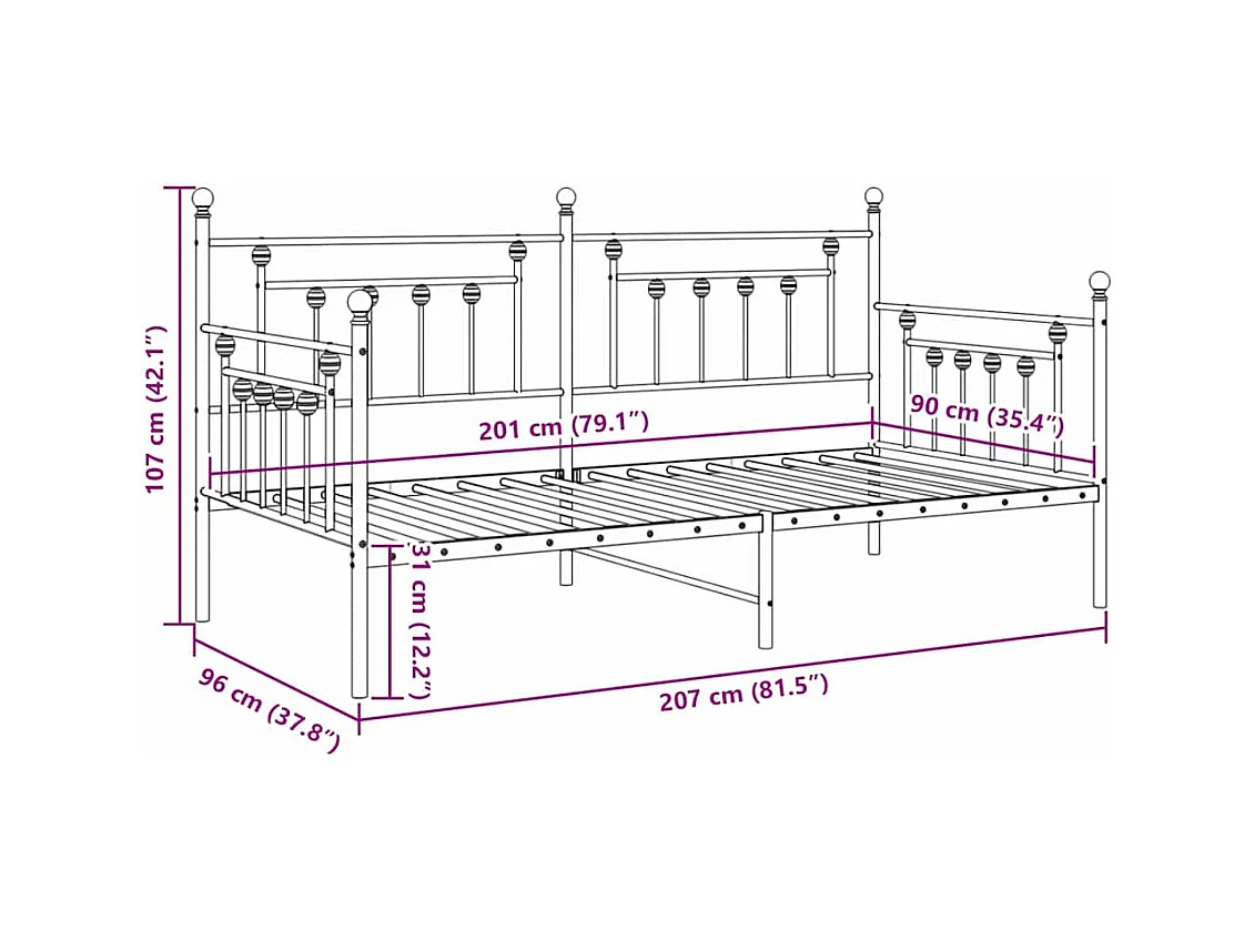 Cadre de lit de jour avec tête de lit Noir 90 x 200 cm Acier