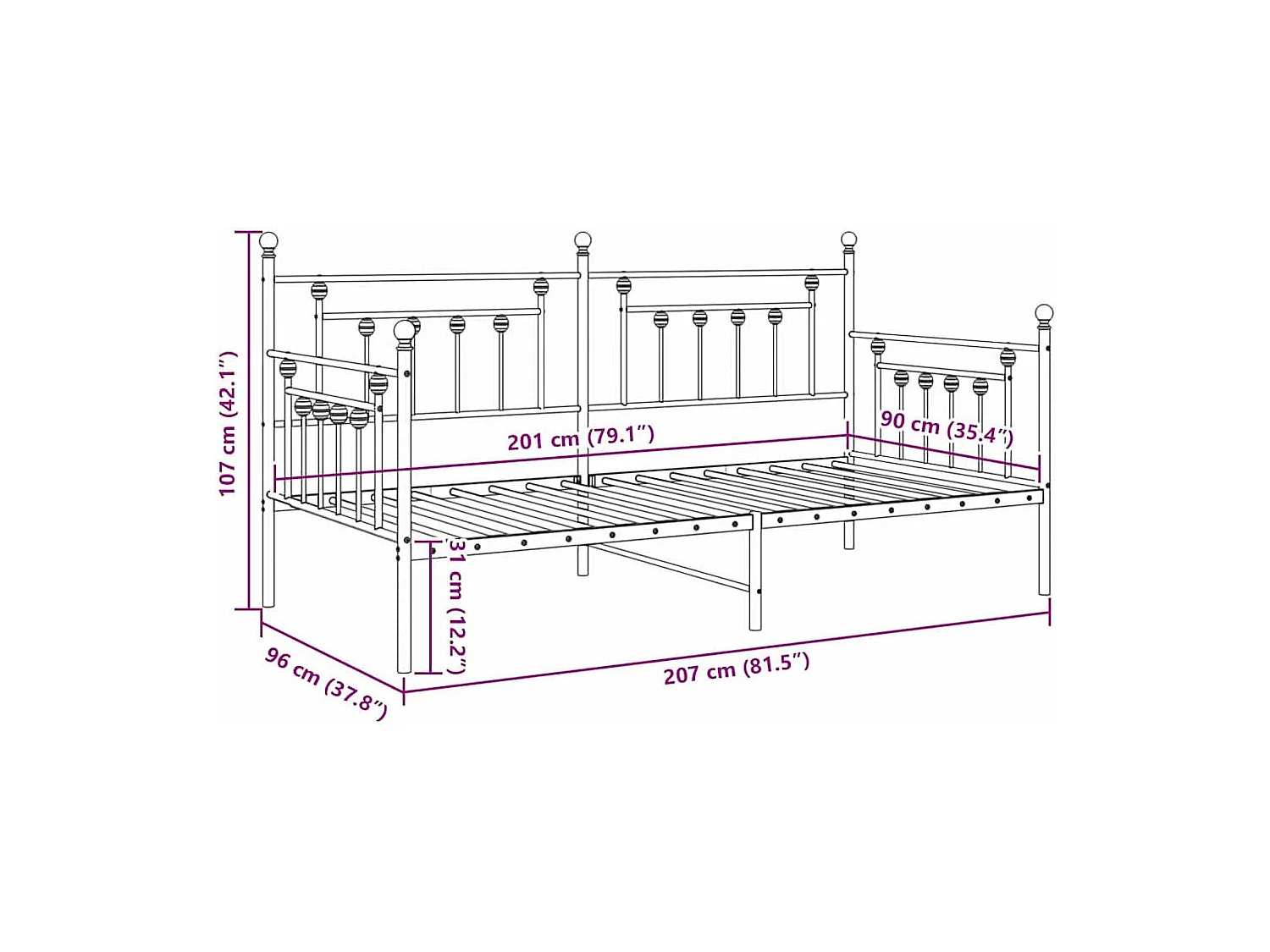 Tagesbettrahmen Schwarz 90 x 200 cm Stahl
