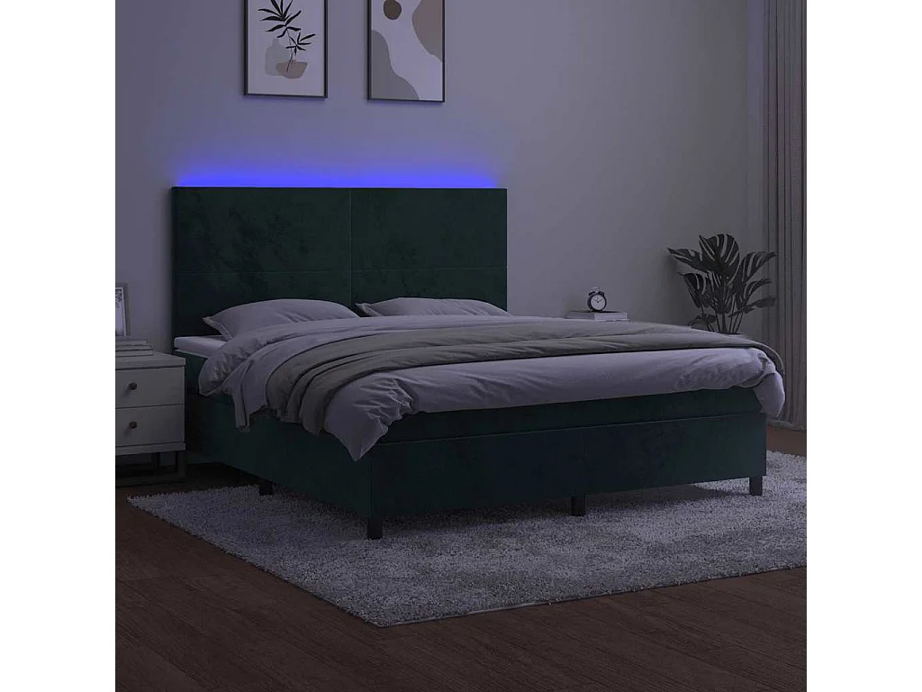 Cama box spring colchón y LED terciopelo verde oscuro 180x200cm