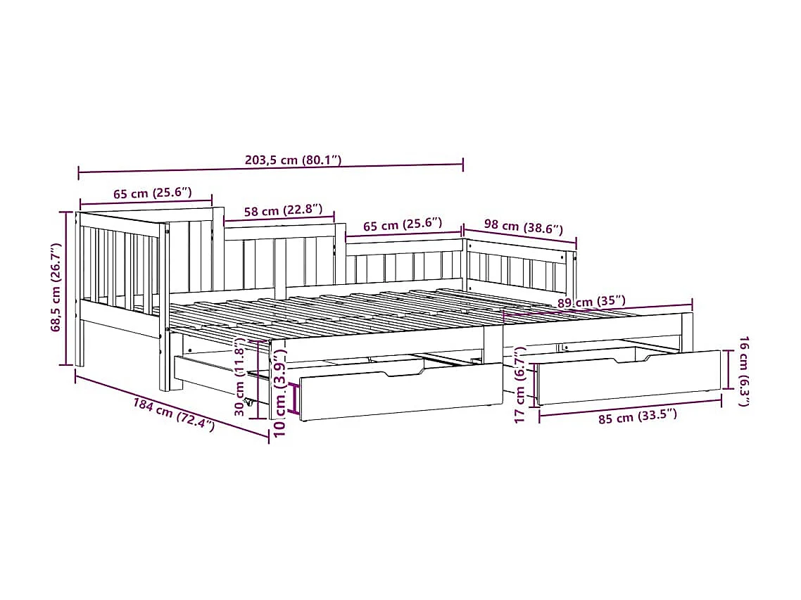 Tagesbett Ausziehbar mit Schubladen ohne Matratze 90x200 cm