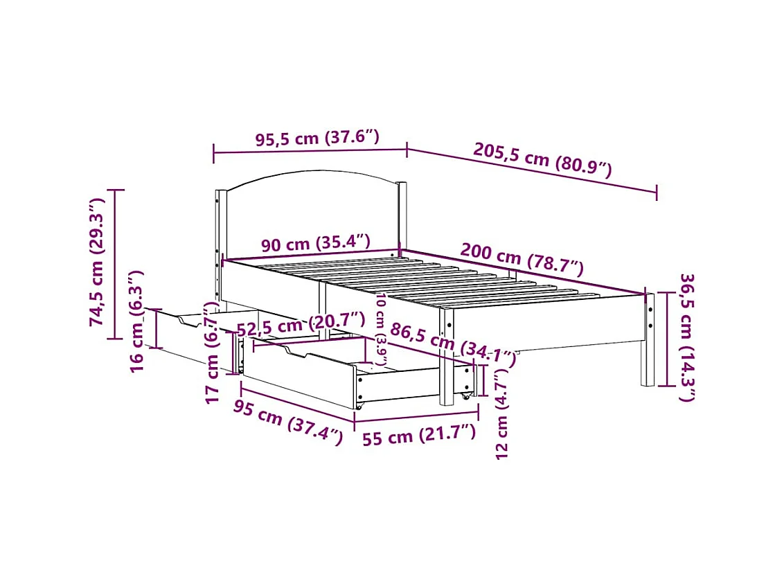 Letto senza Materasso Bianco 90x200 cm Legno Massello di Pino